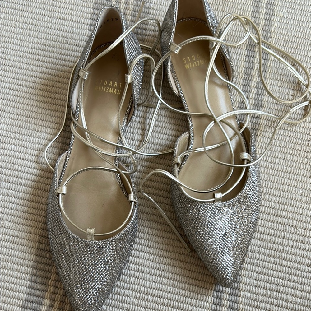 Stuart Weitzman silver/gold women’s lace up ballet flats with ankle ties